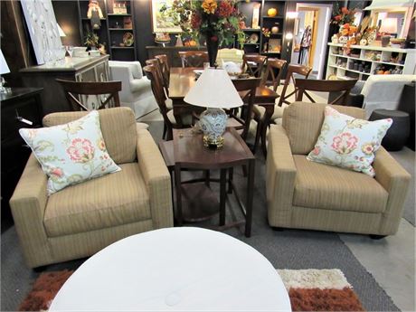 2 Pier-1 Striped Fabric Occasional Chairs with Throw Pillows