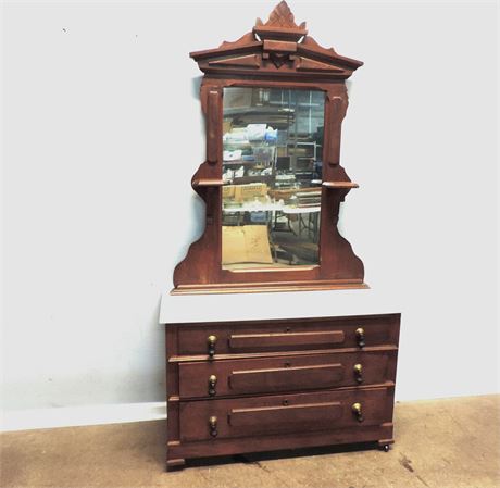 Antique Eastlake Style Dresser / Marble Top / Hanging Mirror