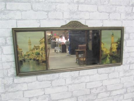 Vintage Triptych Mantel Mirror with 2 Prints