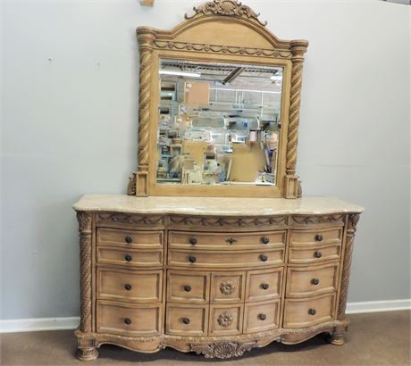 Ornately Carved / Triple Dresser / Bisque Finish / Marble Top