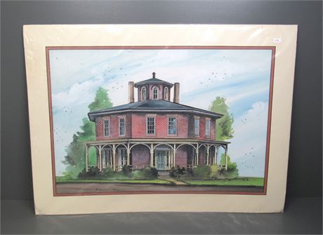 Print of a Brick Octagon House - Double Matted and Ready for Framing