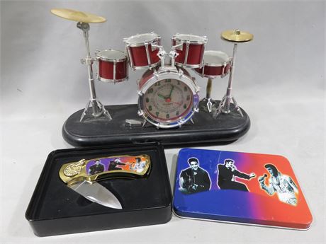 5-Piece Drum Set Alarm Clock & Elvis Presley Pocket Knife