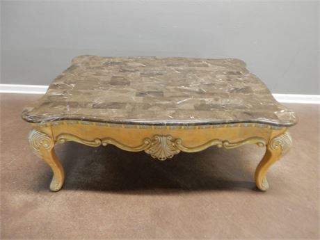 Marble Top Ornate Wood Coffee Table