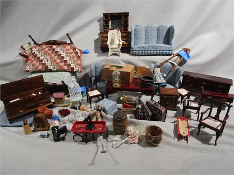 Large Miniature Doll House Furniture and Household Items Collection