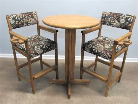 Hippopotamus Game Room Bar Height Oak Bistro Table w/2 Upholstered Arm Chairs