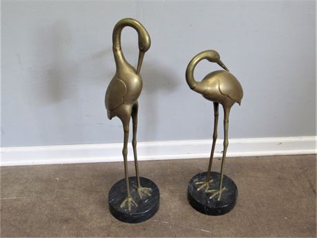 Hollywood Regency Asian Style Tall Brass Cranes with Marble Bases