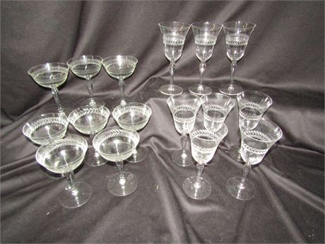 Vintage Etched Glass Cocktail and Wine Goblets
