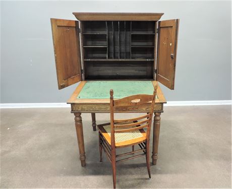 Antique Hotel Check-in Desk with Bell & Cane Seat Chair