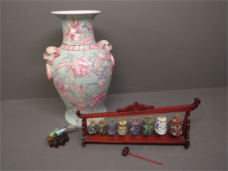 Chinese Cloisonne Meditation Bells / Ceramic Vase & Figurine