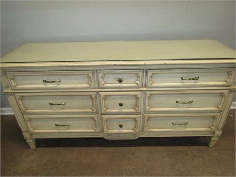 Vintage Davis Antique White/Yellow Dresser with Glass Top and Old Style ID Plate