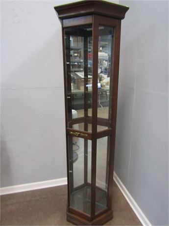 Tall Dark Wooden Display Cabinet, Glass Shelves