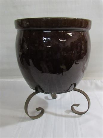 Heavy Brown Pottery Planter with Metal Stand