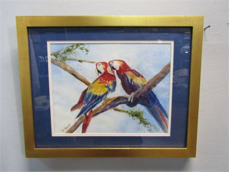 Original "Parrots on Branch" Art Work with Professional Gold Frame