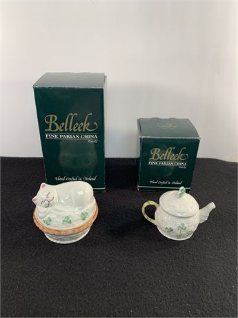 BELLEEK  Mini Teapot Kitty Trinket Box