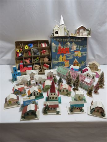 Vintage Christmas Mica Village Cardboard/Paper Putz House Lot