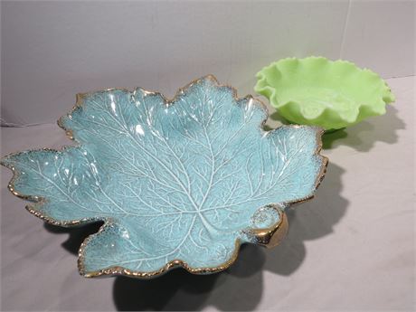 California Pottery Leaf Platter / Fenton Ruffled Custard Glass Bowl