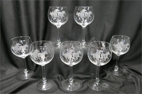 Mid Century Wild Horses Etched Wine Glasses Set 7