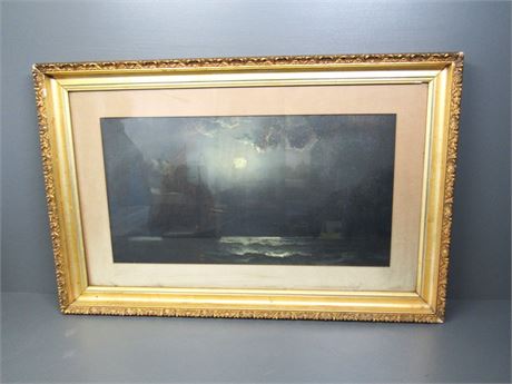 Antique Framed and Matted Print - Tall Ship in the Moonlight