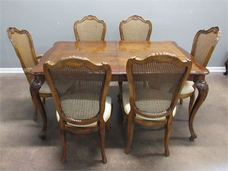 Dining Table with 2 Leaves and 6 Cane Back Chairs