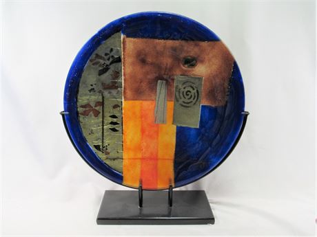 Large Decorative Fused Art Glass Plate with Metal Stand
