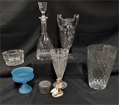 Vintage Lead Crystal Decanter / Blue Compote Candy Dish / Trophy Vase
