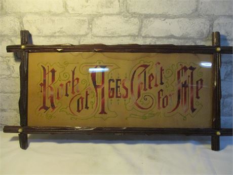 Hand Stitched "Rock Of Ages" Wall Art with Vintage hand made wooden frame
