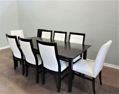 Contemporary Dining Table / Eight Upholstered Chairs / Two Leaves