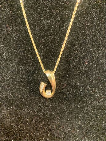 14 kt GOLD CHAIN with MODERNIST DIAMOND GOLD RIBBON PENDANT