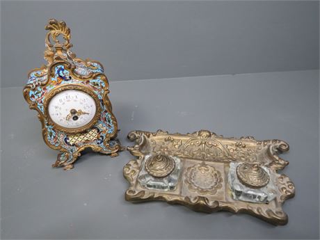 Antique Victorian Brass Inkwell Holder / Desk Clock
