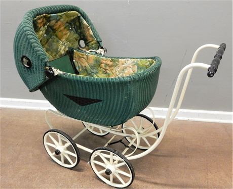 Vintage Green Wicker DOLL Carriage
