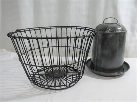 Vintage Polished Chicken Waterer/Dispenser and Wire Egg Basket
