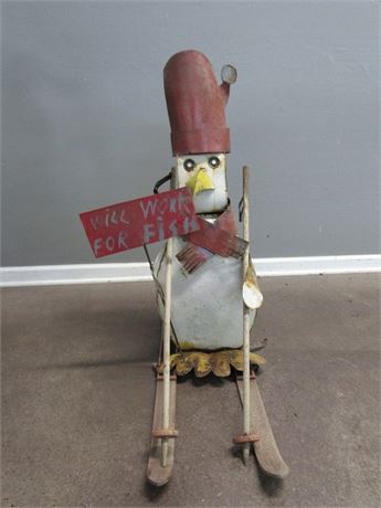 Vintage Metal Penguin Figurine -Will Work for Fish- w/Winter Gear, Skis & Poles