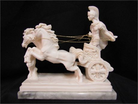 L Toni Vintage Roman Chariot & Horses Statue Gladiator on Marble Base