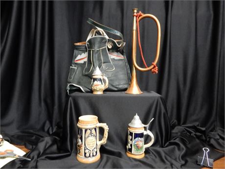 Leather Lederhosen Brass Bugle and Collectible Steins