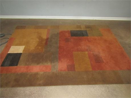 Rectangular Area Rug, with Orange, Gold and Brown Square Styling