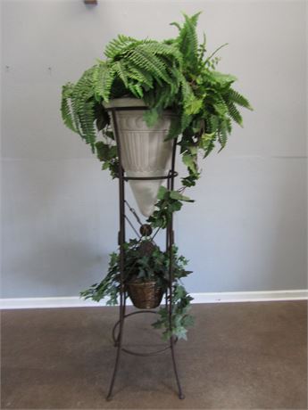 Large Metal Plant Stand with Large Plaster Cone Shaped Planter Vase