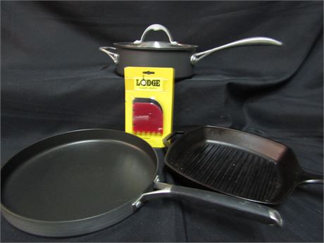 Calphalon, Lodge Skillet and Lidded Pot and Pans