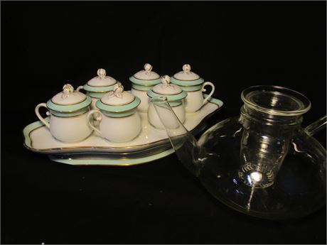 7 Pc. Antique Tea Set Display, Schott Verran German Clear Glass Tea Pot Infuser