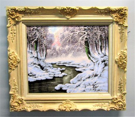 Joseph Dande Original Oil Painting, Landscape Snowy Banks of a River, 1960
