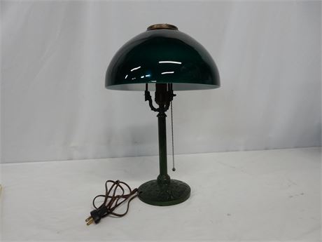 Vintage Cast Metal and Green Glass Table Lamp