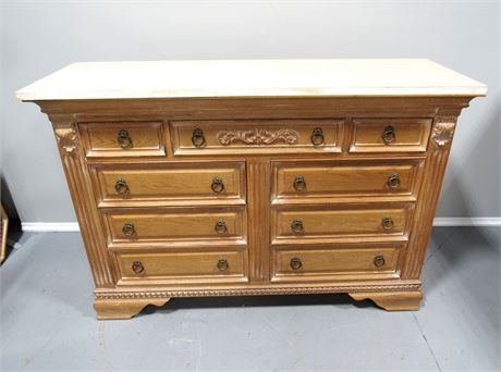 Whitewashed Dresser with 9 Dovetailed Drawers and a Marble Top
