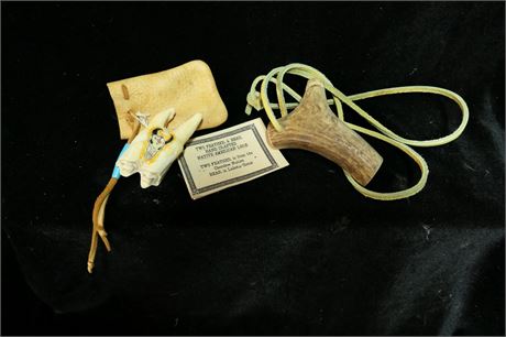 Native American Antler Whistle & Deerskin Medicine Bag with Painted Bison tooth