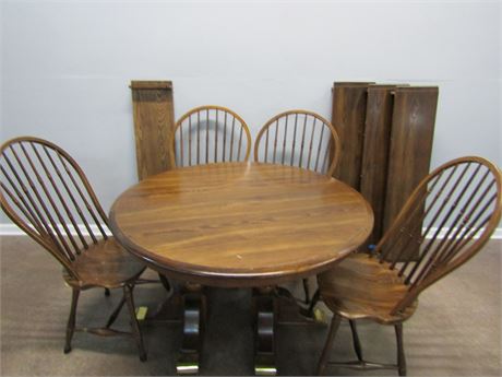 Round Solid Wood Dining Room Table, with 4 Chairs and 4 Leafs, Heavy