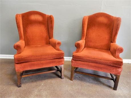 Vintage Upholstered Velour Wing Back Chairs