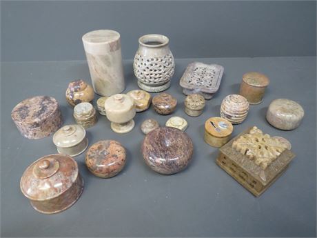 Faux / Genuine Soapstone Lidded Jars / Trinket Boxes Lot