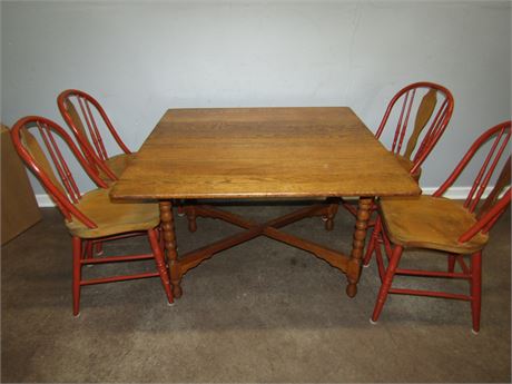 Antique Kitchen Spindle Leg Table and Four Chairs
