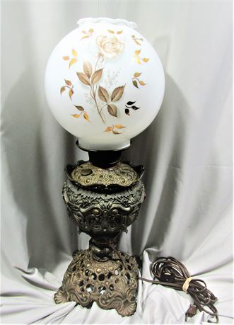 Antique Globe Kerosene Lamp, Electrified with Hand Painted Gold Globe