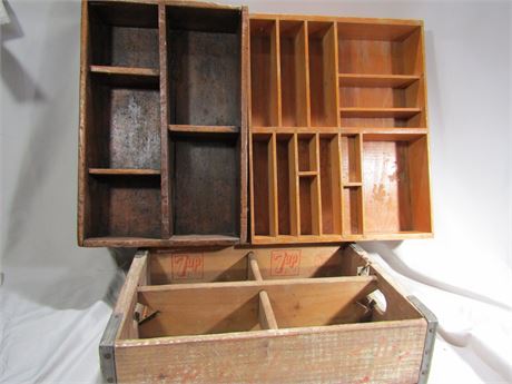 Primitive Wooden Display Boxes and Vintage Pop Crate