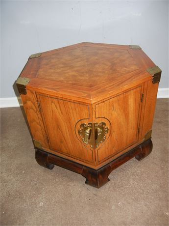 Octagon Shaped Asian End Table, Solid Wood with Brass Trim