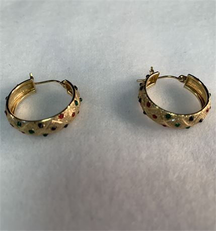 14KT YELLOW GOLD  Hoop Earrings with Ruby Sapphire Emerald Color Accents